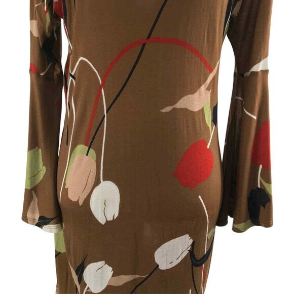 Vintage Womens Dress Size Small Tulip Print Boho Brown Bell Sleeve Open Back - Picture 10 of 10